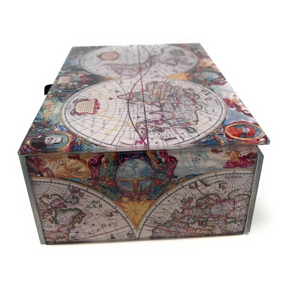 Beveled Glass Keepsake Box, Antique Old World Map - Jewelry Trinkets, Lined - Picture 8 of 9